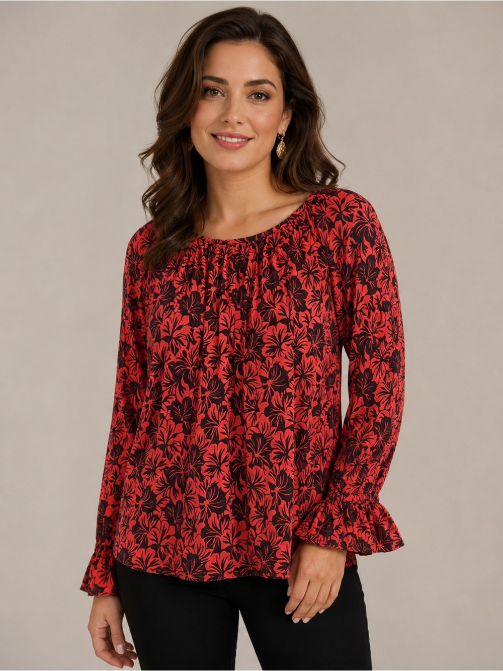 Michael Kors Red & Black Floral Print
Long Sleeve Blouse - Size S